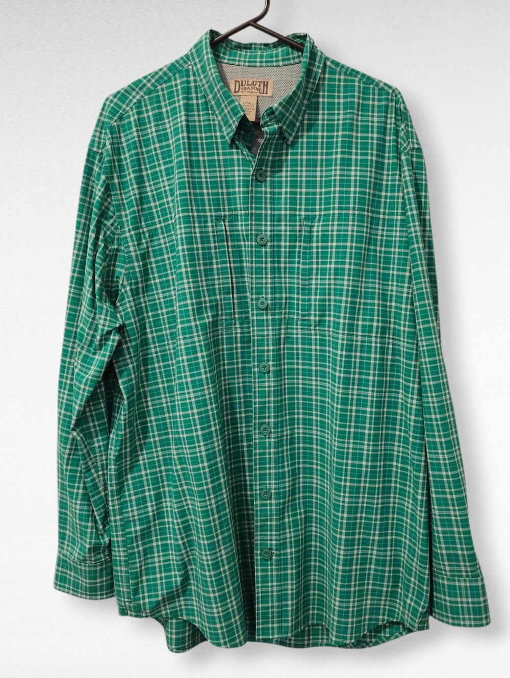 Duluth Trading Fishing Shirt Green Plaid Vented Size L/Tall